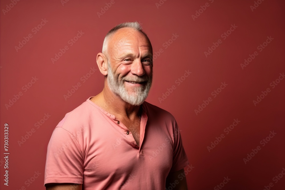 Portrait of a senior man in a pink t-shirt.