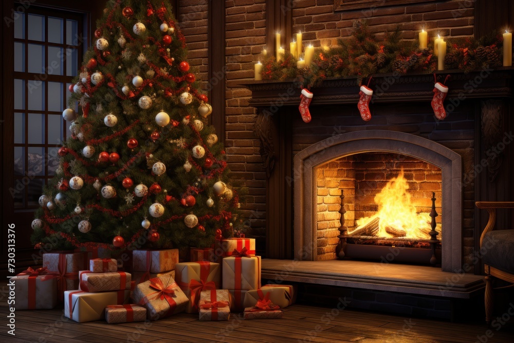 Festive Christmas tree and presents near burning fireplace