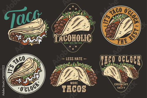 Mexican taco set vector with meat and vegetable for logo or emblem. Latin traditional taco collection for restaurant or cafe of Mexico fast food