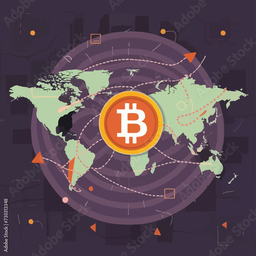 2d vector illustration colorful trading over the world map money bitcoin crypto 
