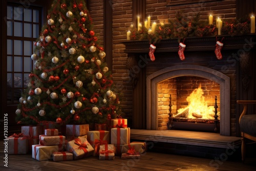 Festive Christmas tree and presents near burning fireplace