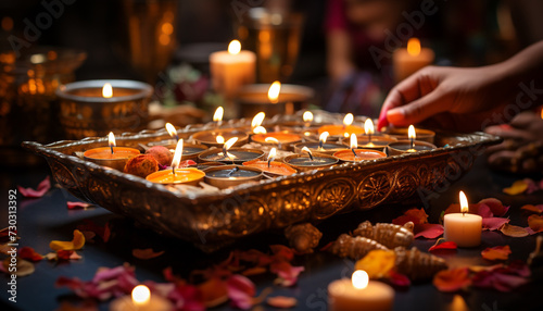 Glowing candlelight illuminates the dark, symbolizing love and spirituality generated by AI