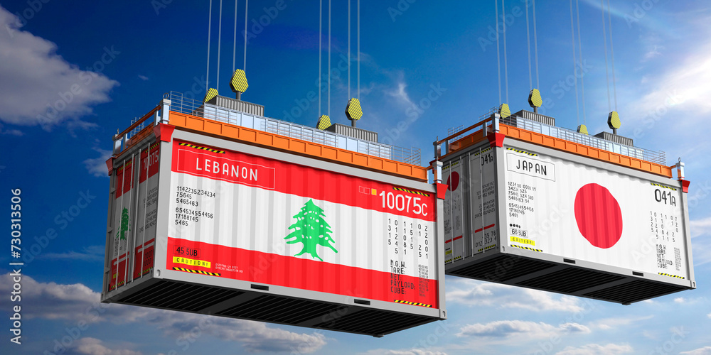 Shipping containers with flags of Lebanon and Japan - 3D illustration