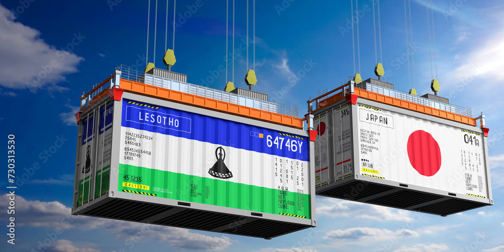 Shipping containers with flags of Lesotho and Japan - 3D illustration