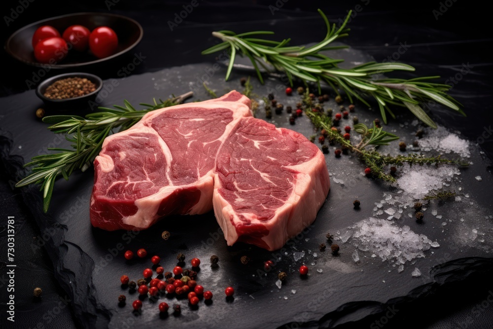 Raw beef rib bone steak with spices