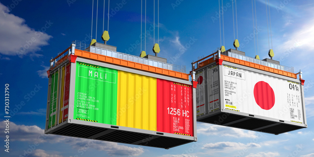 Shipping containers with flags of Mali and Japan - 3D illustration