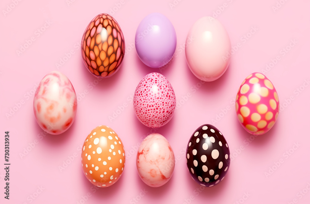 colorful easter eggs on a pink background, in the style of mixes realistic and fantastical elements, contemporary candy-coated, vintage-inspired, spatial, delicate, aerial photography colorful easter eggs on a pink background, in the style of mixes realistic and fantastical elements, contemporary candy-coated, vintage-inspired, spatial, delicate, aerial photography