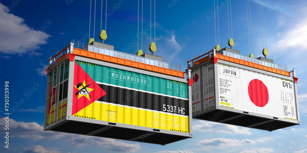 Shipping containers with flags of Mozambique and Japan - 3D illustration