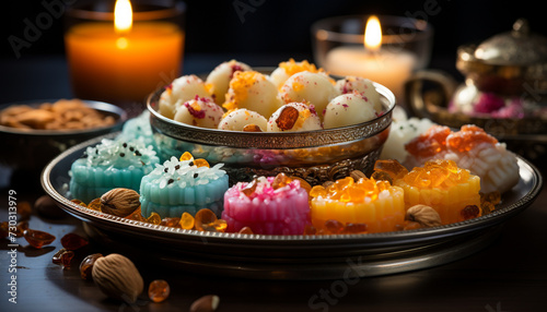 Gourmet dessert on wooden table, candle flame adds warmth generated by AI