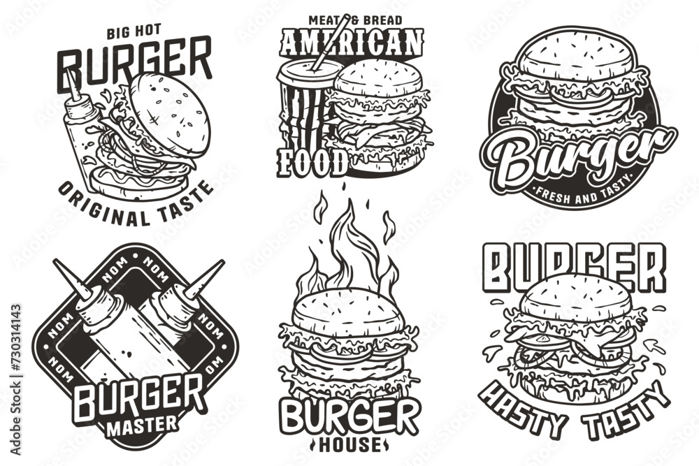 Hamburger set vector for logo of fast food. American food or burger collection for restaurant or cafe Hamburger set vector for logo of fast food. American food or burger collection for restaurant or cafe