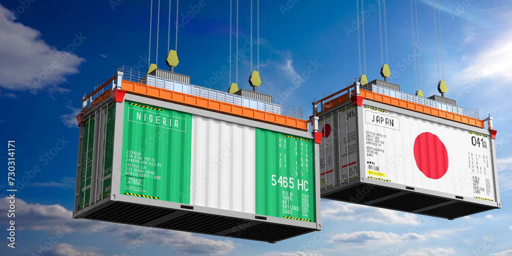 Shipping containers with flags of Nigeria and Japan - 3D illustration
