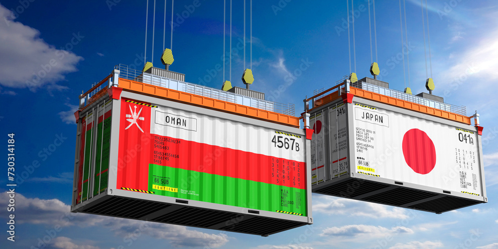 Shipping containers with flags of Oman and Japan - 3D illustration
