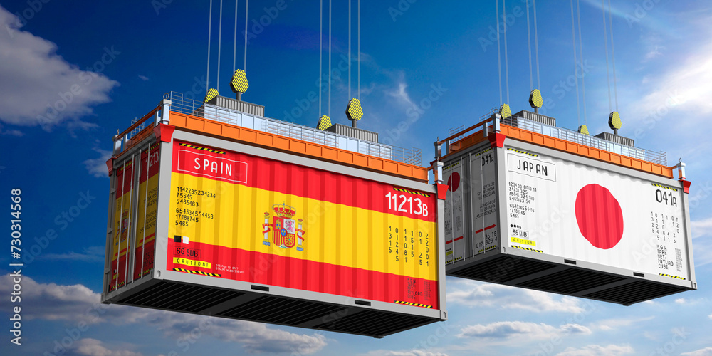 Shipping containers with flags of Spain and Japan - 3D illustration