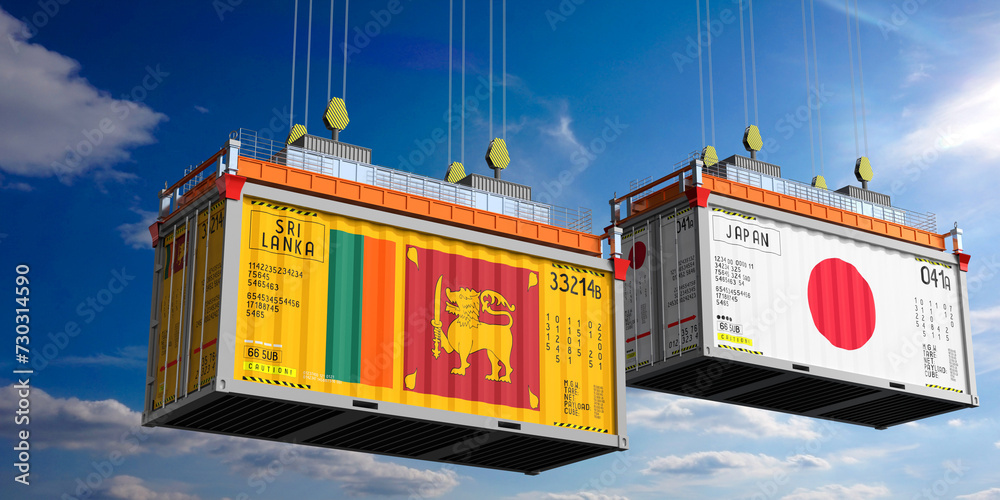 Shipping containers with flags of Sri Lanka and Japan - 3D illustration