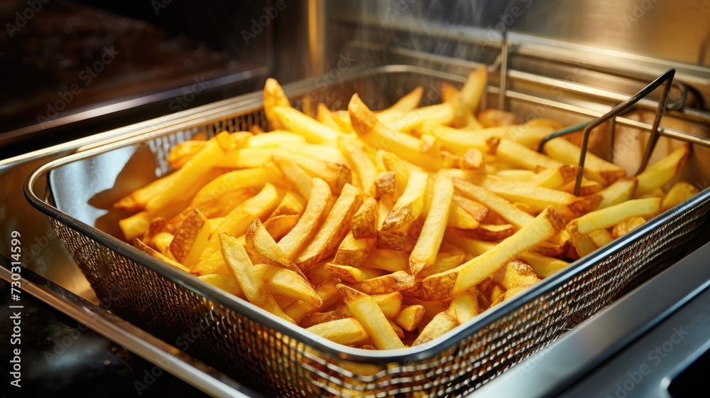 Cooking french fries in a kitchen deep fryer. Food commercial advertisement. Menu banner with copy space area