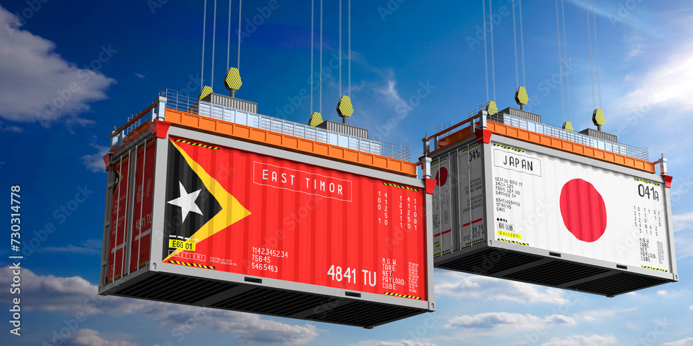 Shipping containers with flags of East Timor and Japan - 3D illustration