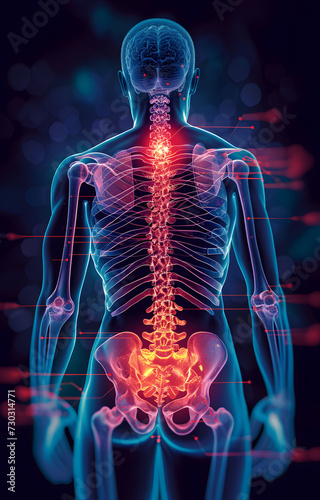 Back Pain Visualization: Highlighted Spine in Digital Human Anatomy Illustration