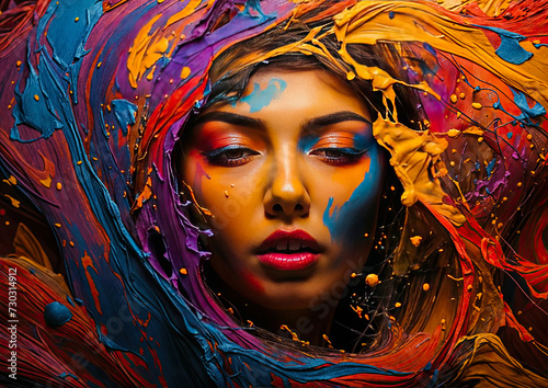 Portrait of a beautiful woman with creative make-up and multicolored paint splashes.