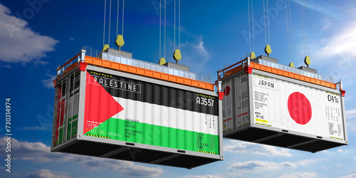 Shipping containers with flags of Palestine and Japan - 3D illustration