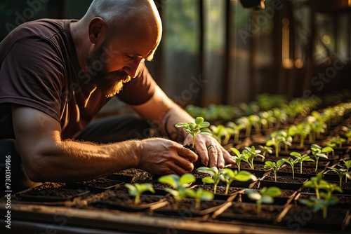 Farmer planting young seedlings of lettuce salad in the vegetable garden. Mature man planting pepper seedlings in a greenhouse. Organic farm products. Seedlings of sweet pepper.