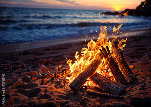 Bonfire on the beach at sunset. Camping on the sea.
