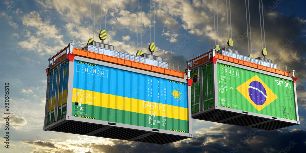 Shipping containers with flags of Rwanda and Brazil - 3D illustration