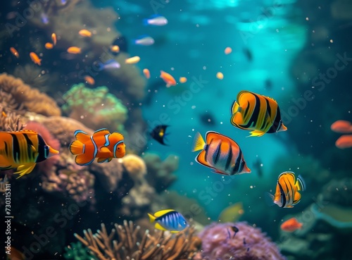 Vibrant underwater scene with clownfish among beautiful coral reefs, illuminated by sunlight.