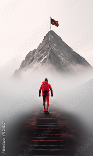 man heading to top of mountain, success and achievement concept 