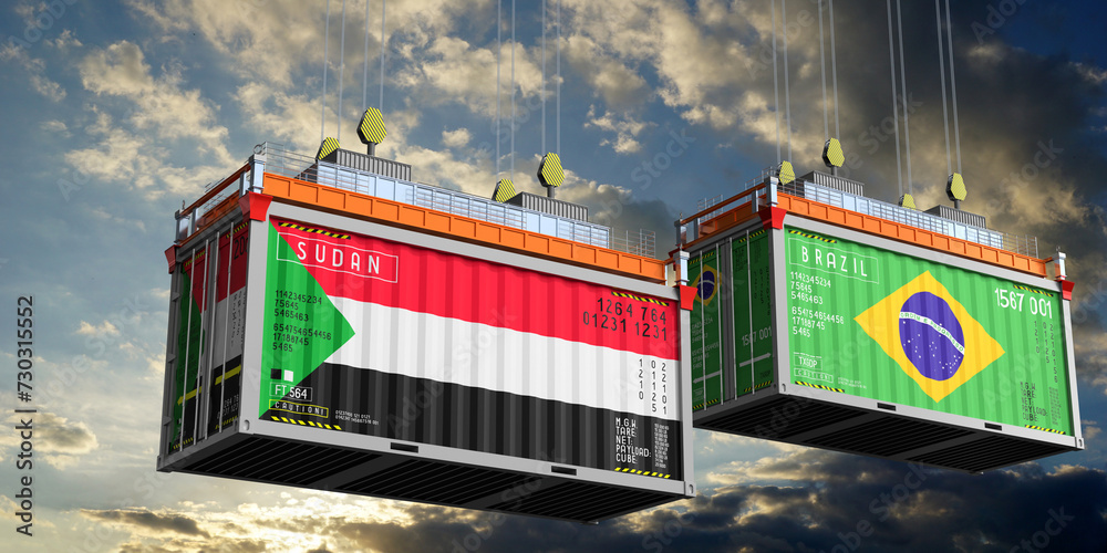 Shipping containers with flags of Sudan and Brazil - 3D illustration