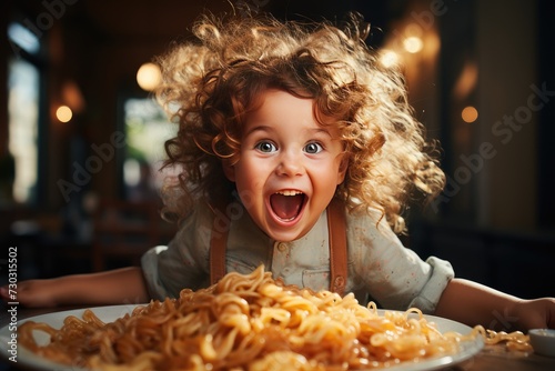 Adorable toddler girl eat pasta spaghetti  happy preschool child eating using fork and by hands fresh cooked healthy meal with noodles home  indoors   table  kitchen