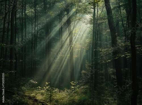 The sun s rays pierce the dense  mesmerizing forest  illuminating a serene path  a calm and mystical atmosphere. The cozy atmosphere of a walk through the forest.