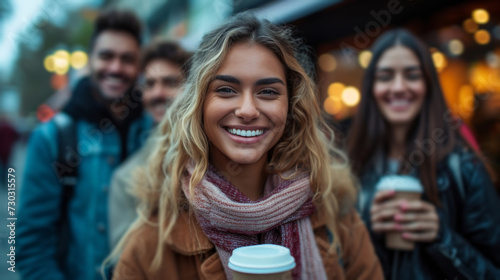 Trendy city dwellers enjoy coffee outdoors, flashing captivating smiles for t...