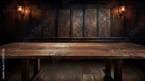 A rustic wooden table in front of a dark wood paneling wall with dim lighting