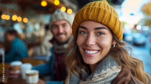 Fashionable individuals sip coffee at city cafes, smiling into the camera wit...