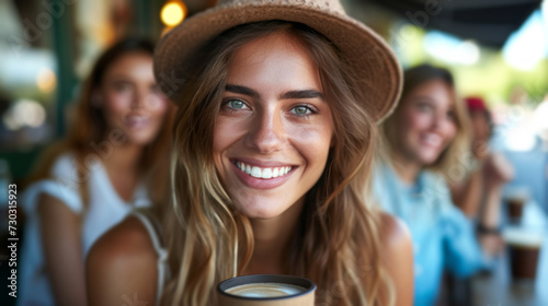 Fashionable individuals sip coffee at city cafes, smiling into the camera wit...