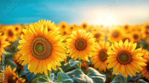 A close-up image of sunflowers in bloom illuminated by the midday sun. For covers  backgrounds  wallpapers and other summer projects. 