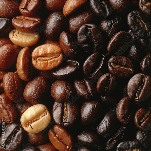 Coffee beans in various shades and sizes form a harmonious composition
