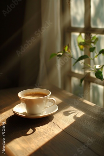A contemplative moment with a cup of coffee, bathed in soft, diffused light