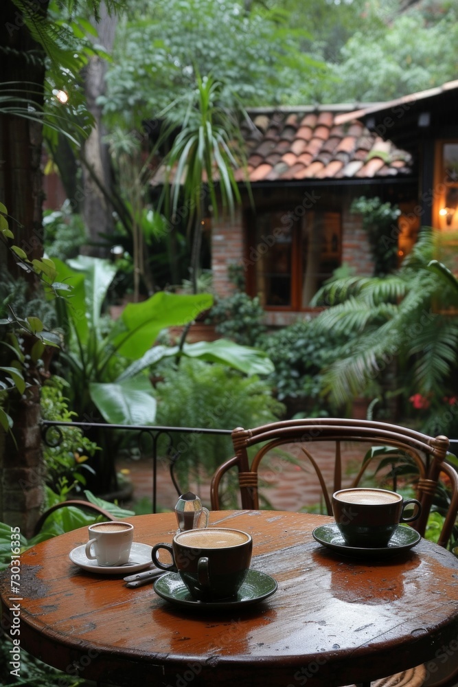 A rustic cafe table set against a lush garden backdrop, inviting relaxation. A rustic cafe table set against a lush garden backdrop, inviting relaxation.