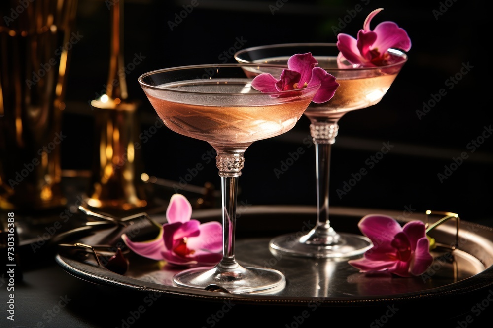 Two Valentine's day cocktails in glass goblets Two Valentine's day cocktails in glass goblets