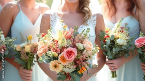 Bride holding a beautiful bouquet, surrounded by bridesmaids with their floral arrangements, creating a joyous and festive atmosphere for the wedding celebration photo