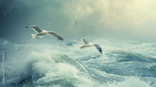 Seagulls soar against a coastal backdrop  epitomizing the freedom of the open sea