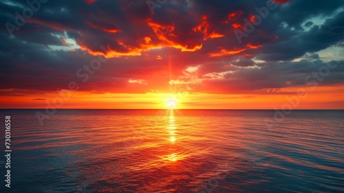 The horizon transforms into a fiery canvas as the sun dips below the water. © olegganko