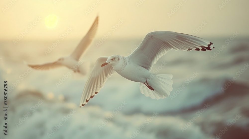 Seagulls soar against a coastal backdrop, epitomizing the freedom of the open sea
