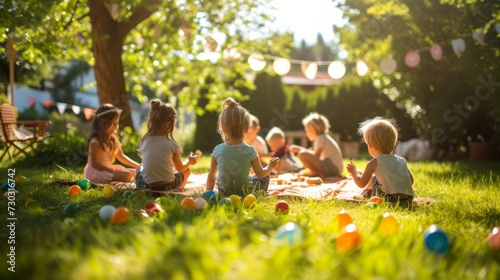 Children playing games at an outdoor birthday party in a sunlit backyard