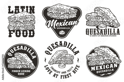 Monochrome Mexican quesadilla set vector with cheese and vegetable for logo or emblem. Latin traditional mexican fast food. Quesadillas Mexico food with tortilla and meat for poster or print