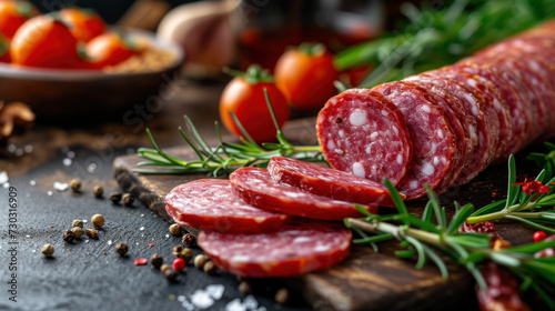 Sliced salami and spices on dark stone board. Gourmet food preparation.