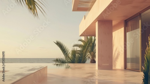 Generative AI, Beach aesthetic villa house and coast landscape, muted colors, minimalism
 photo