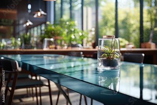 interior of modern office building with large table and green tree and plants outside the window.