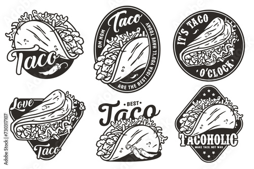 Monochrome Mexican taco set vector with meat and vegetable for logo or emblem. Latin traditional taco collection for restaurant or cafe of Mexico fast food